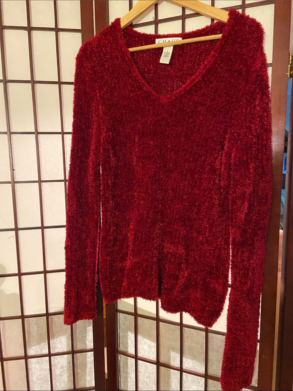 Chaus Women's Deep Red V-Neck Fuzzy Sweater